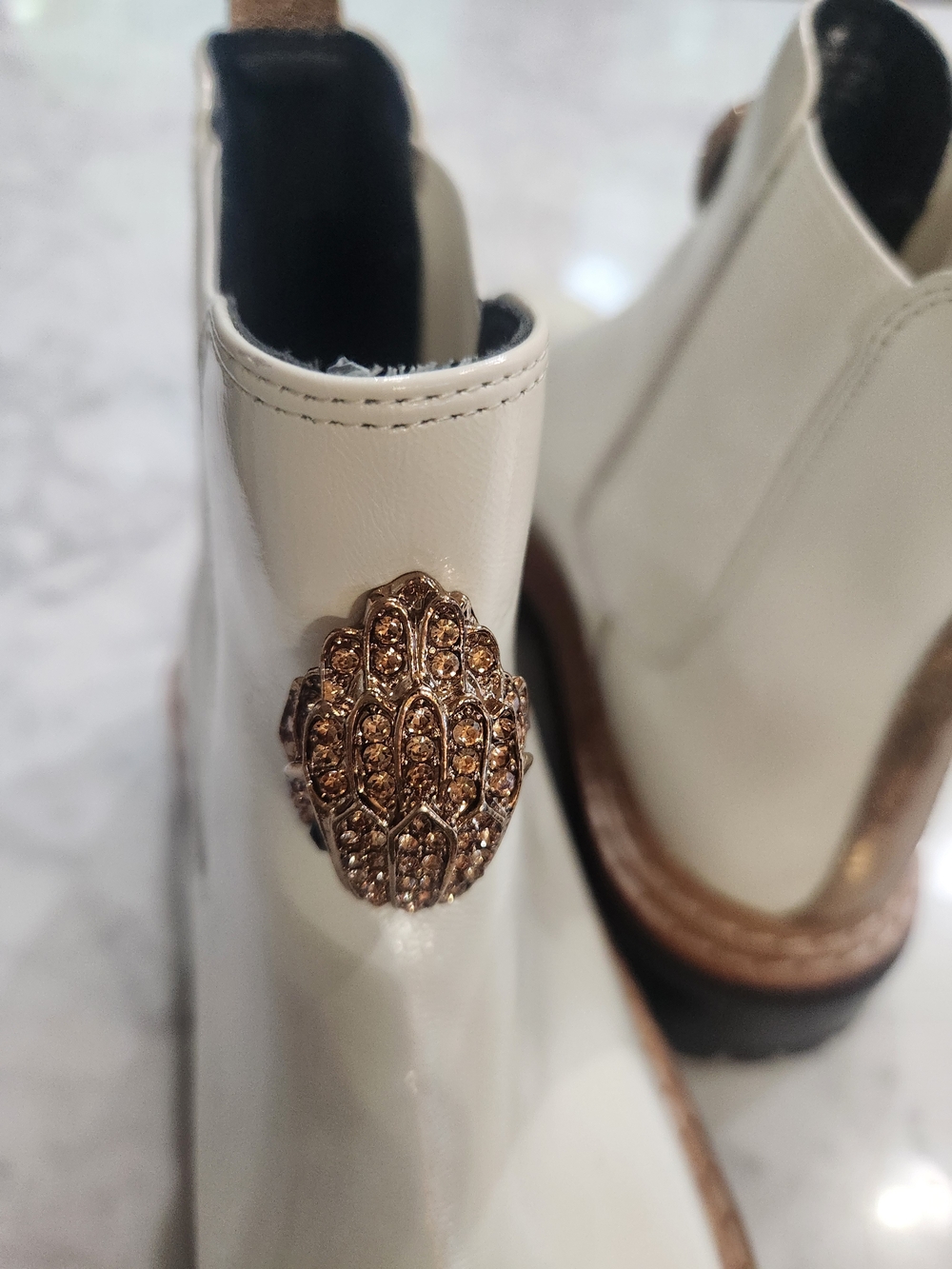 Kurt Geiger White Chelsea Rain Boots with Gold Jewel Accent